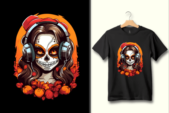 Autumn Beats Skull Girl PNG Graphic Art: The Edgy Design Asset for Fall